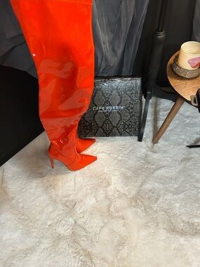 Thigh high Cape Robbin Red Patent Over-The-Knee Pointed-Toe Stiletto Boots